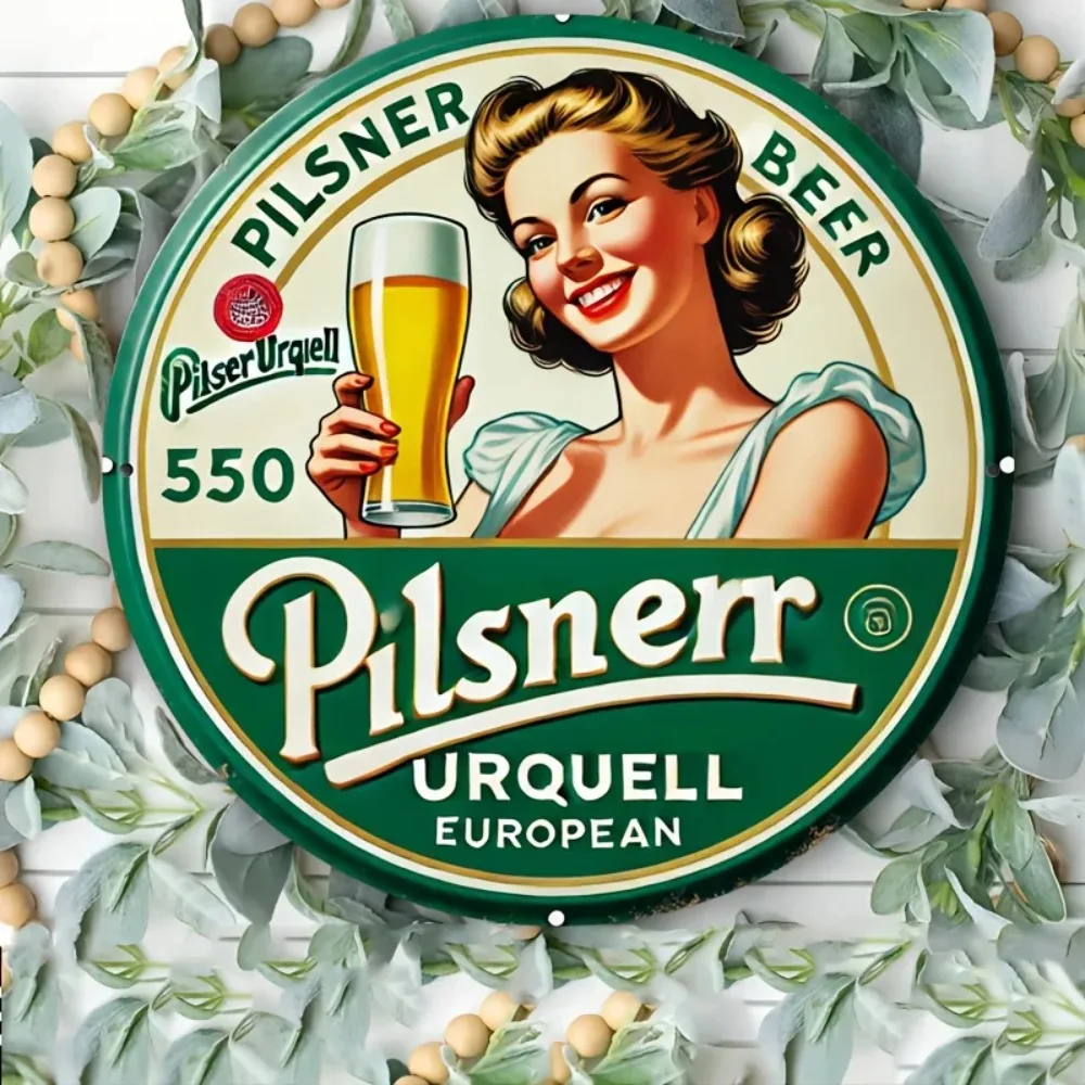 Placa de Alumínio Vintage Pilsner Urquell 8x8 - Arte de Parede Retrô para Bar em Casa