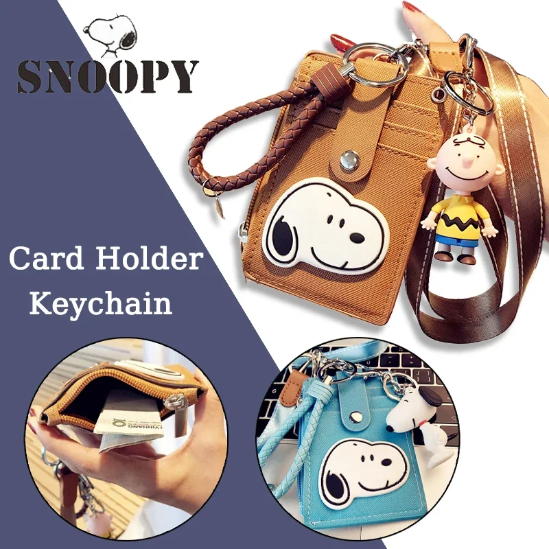 Snoopy Portable Card Holder Keychain Doll Women ID Card Name Card Case PU Leather Men Key Ring Anime Girl Wallet Lanyard Cover