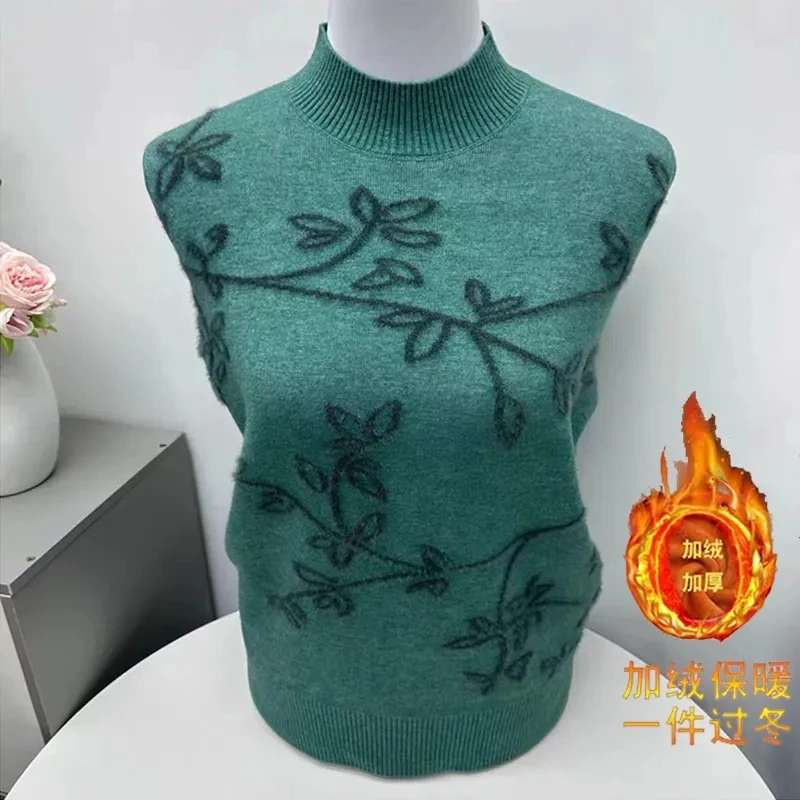 

2024 New Plush Padded Bottoming Pullover With Semi-High Neck Loose Joker Warm Solid Color Sweater For Middle-Aged Elderly People