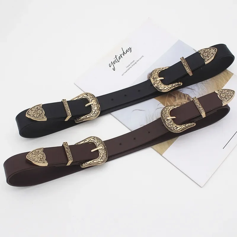 

European and American women's belt antique buckle single head double buckle head retro engraved buckle versatile belt women