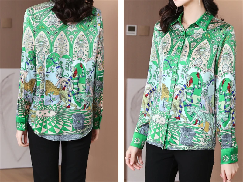 ZAROY Baroque Print Vintage Women Satin Shirts Luxury Tops Spring Long Sleeve Lapel Slim Silk Blouses Vintage 3XL Blusas Mujer