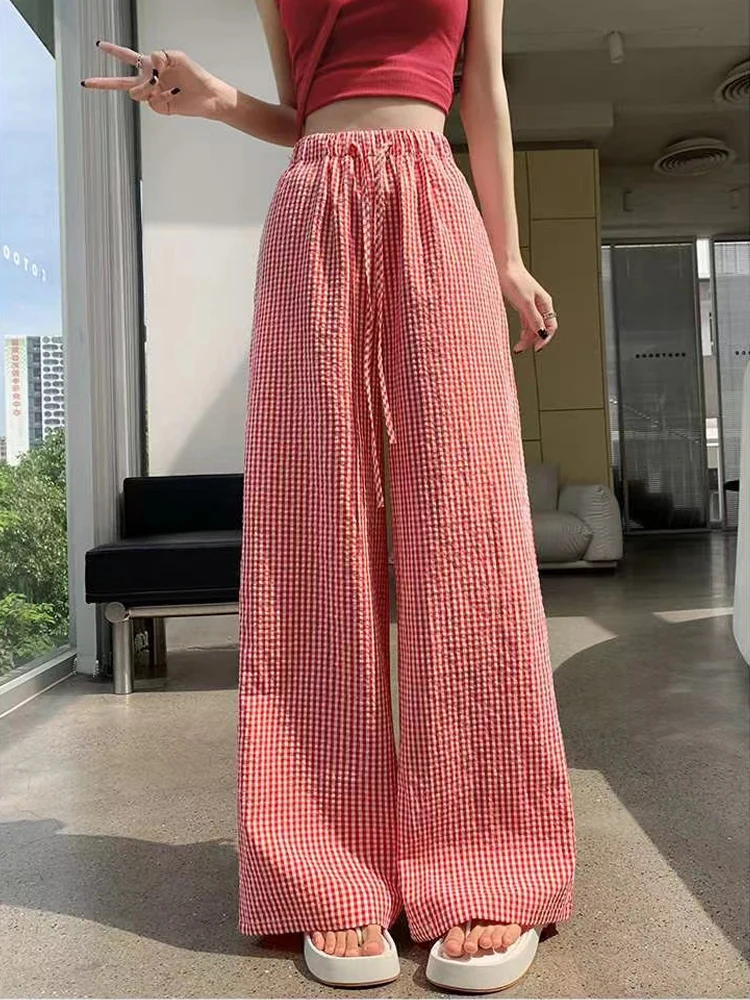 

2024 New Autumn Red Plaid Wide Leg Pants Women Casual Loose Floor Pants Ladies Elastic Waist Drawstring Mop Pants Pantalones