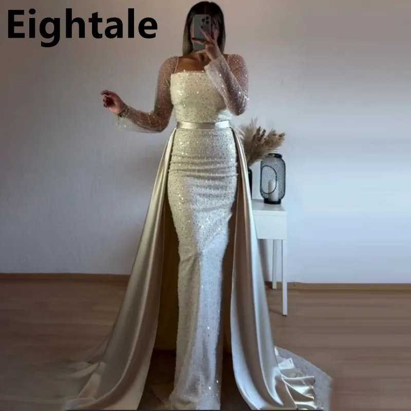 

Eightale Customized Glitter Champagne Mermaid Evening Dress Sequin Long Sleeve Prom Dress Dubai Formal Party Gown