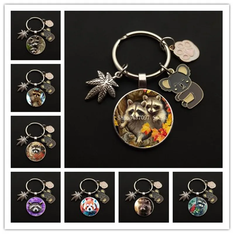 Cute Art Raccoon Keychain Keyring Retro Wild Animal Glass Dome Keychain Jewelry Ladies Children Lover Fashion Gift Strap