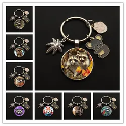 Cute Art Raccoon Keychain Keyring Retro Wild Animal Glass Dome Keychain Jewelry Ladies Children Lover Fashion Gift Strap