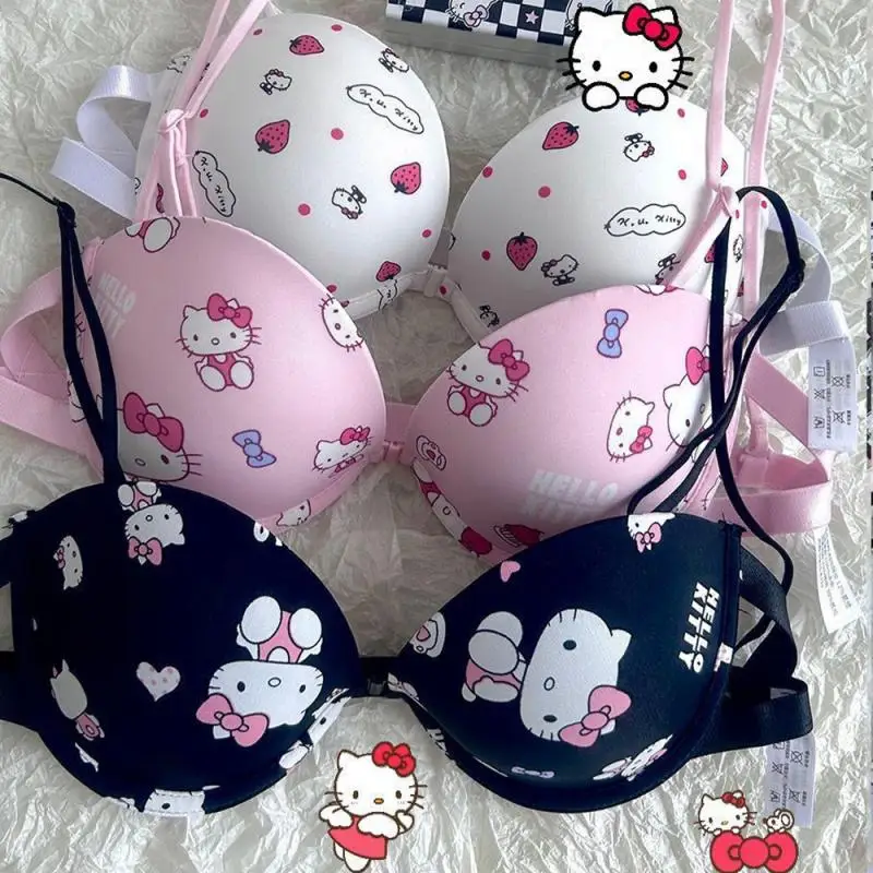 Kawaii Sanrioed Bra Set Hello Kitty Underwear Panties Bra Set Push-Up Bra Comic Underwear Sexy Pure Desire Bra Sweet Girl Gift