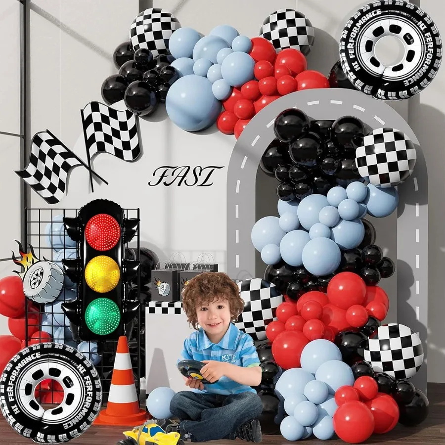 7個入りレーシングカーパーティーバルーンセット、信号機、チェッカーボール、タイヤバルーン、レーシングカーをテーマにしたファストワンツーファスト誕生日パーティー