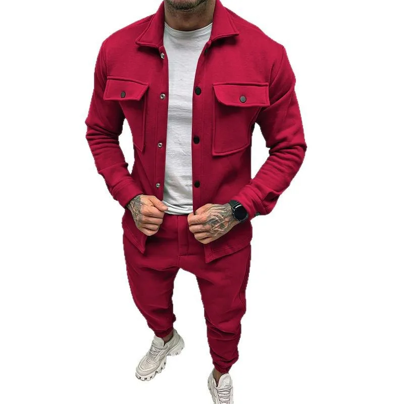 

Cross-border jacket men's autumn and winter suit suede single-breasted solid color slim-fit two-piece set