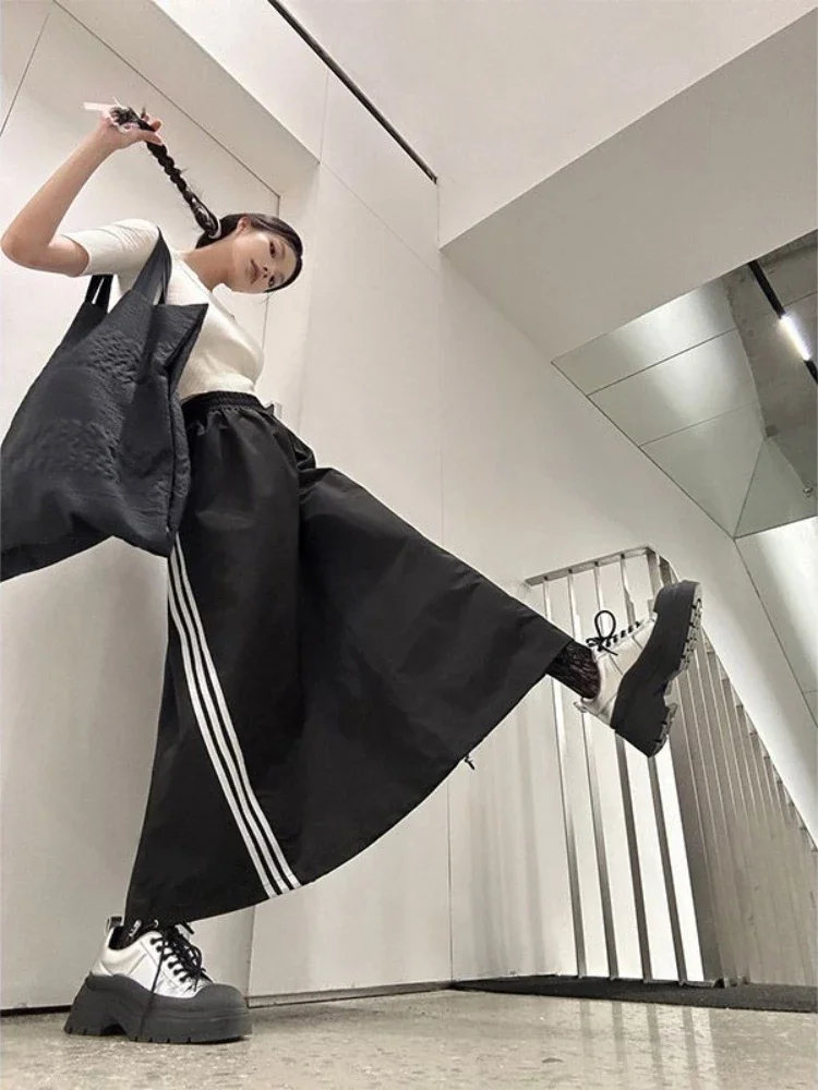 2024 Loose Parachute Skirt Women New Vintage Streetwear Korean Y2K Side Striped Black Skirts Casual Drawstring Aesthetics Skirts