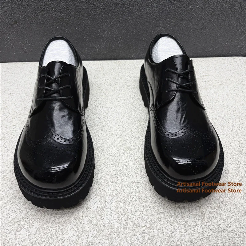Black leather Brogue Derby Shoes Perforated Lace Up Leather Dress Shoes Men's Thick Sole Height Increasing Business Casual Shoes