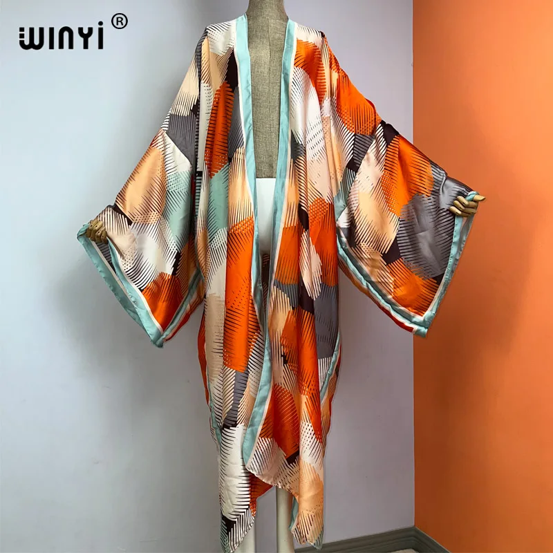 WINYI summer new fashion print Women Cardigan Loose Long Dress elegant Party Boho Maxi beach Holiday Cover Up Kimonos kaftan