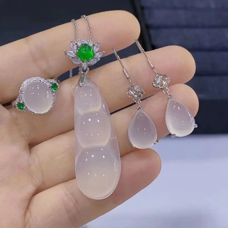 Ice White Chalcedony Fortune Bean , Agate Women's Earrings and Ring, Jade Three-Piece Gift Set view 2