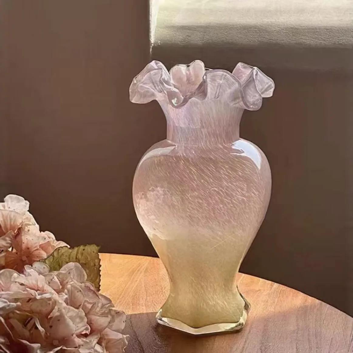 Vintage High-end Glazed Ornament, French Fenton Hexagonal Pink Luxury Glass Vase