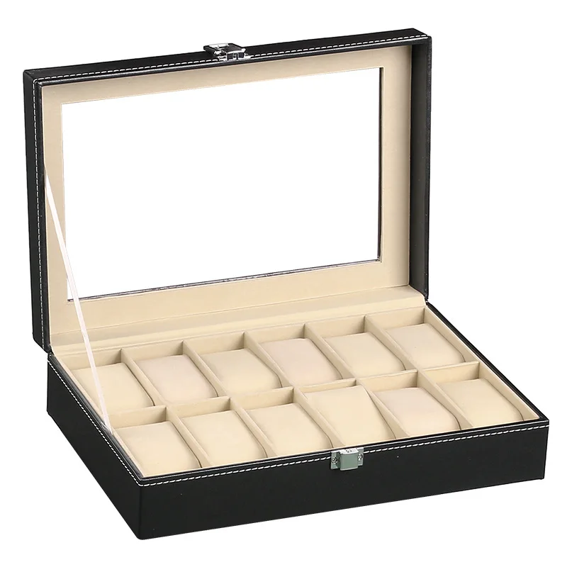 VANSIHO 2/3/4/5/6/10/12 Slots Beige  PU Leather Watch Display  Boxes Cases Organizer Glass Jewelry Storage Handmade Grey Inner