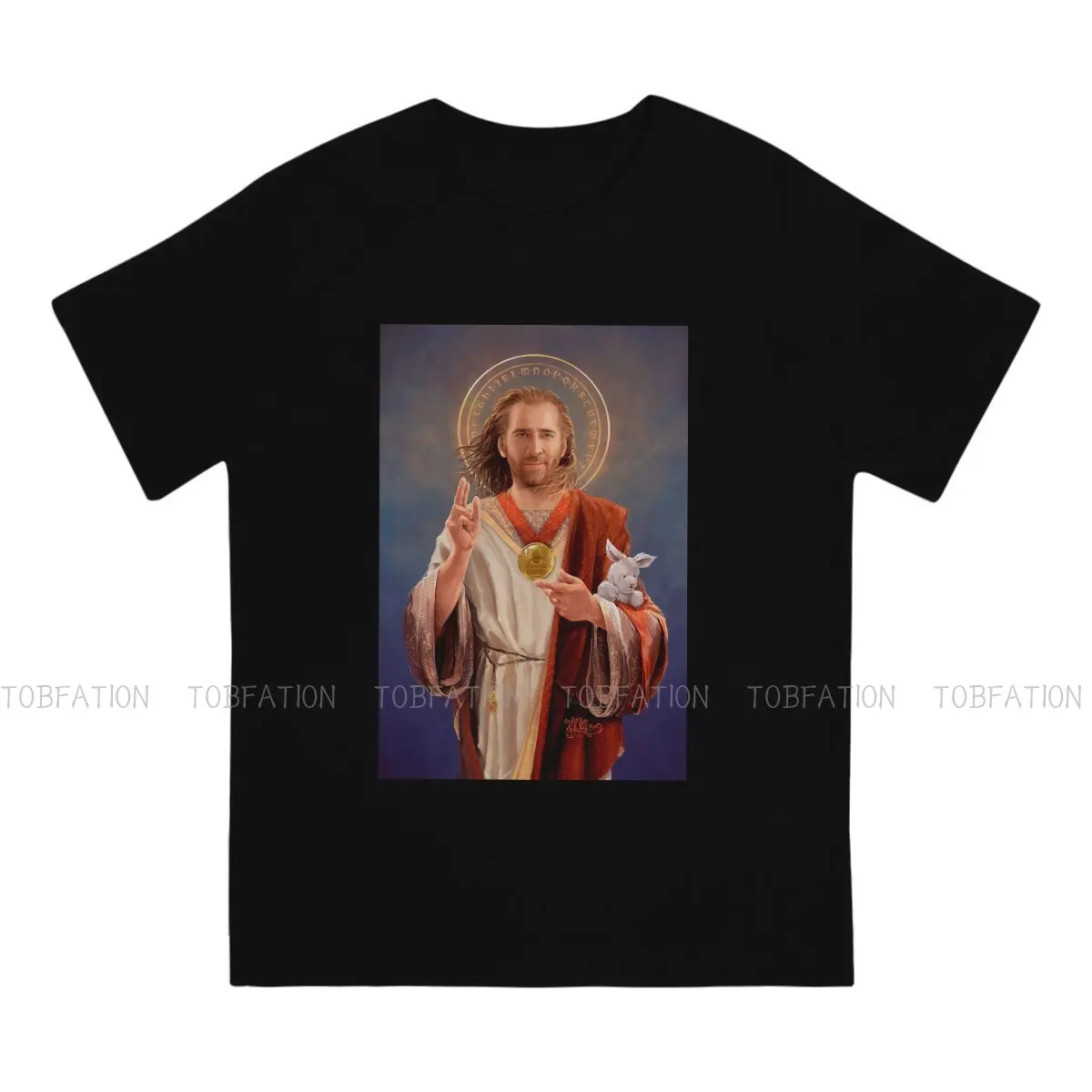 Original Religious Painting Nicolas Cage Tshirt Top Cotton Big Size O-Neck Men's Tops Graphic Men T shirt