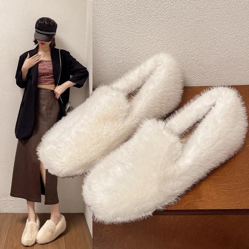 Mocasines negros Downy sin cordones para mujer, zapatos planos cálidos de invierno, mocasines de piel Beige de suela suave, bailarinas peludas para mamá y abuela