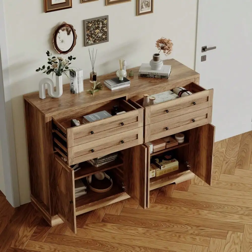 Large Farmhouse Buffet Cabinet 55 Inch, Sideboard With 4 Drawers 4 Doors And Adjustable Shelves, Rustic Wood Coffee Bar For Dining Room Kitchen And Living Room