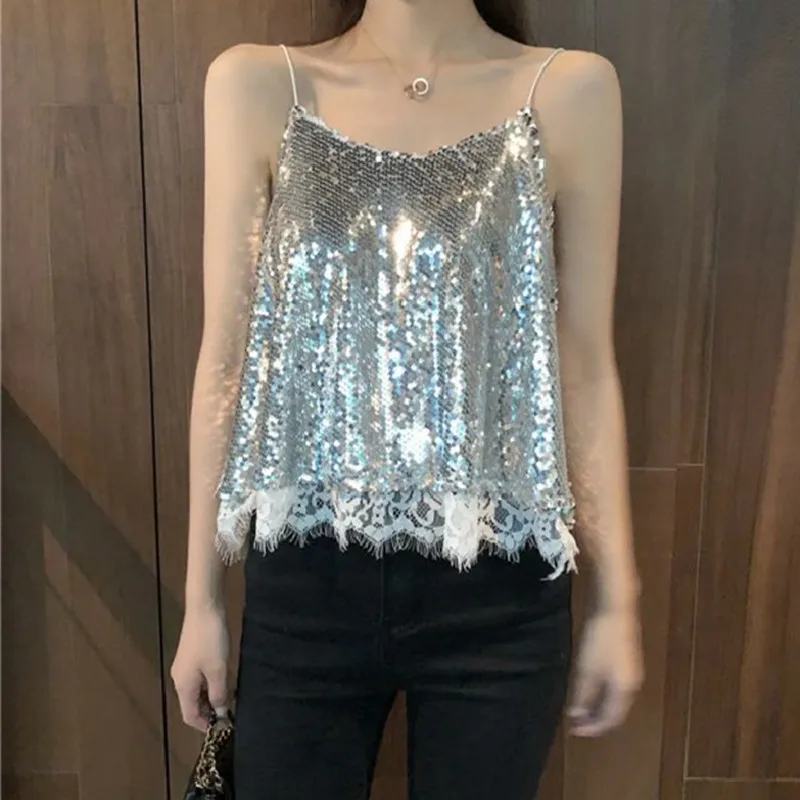 Sexy Glittering Knitted Tank Tops Women Camisole Vest Gold Thread Top Vest Sequined Stretchable Slim Tops