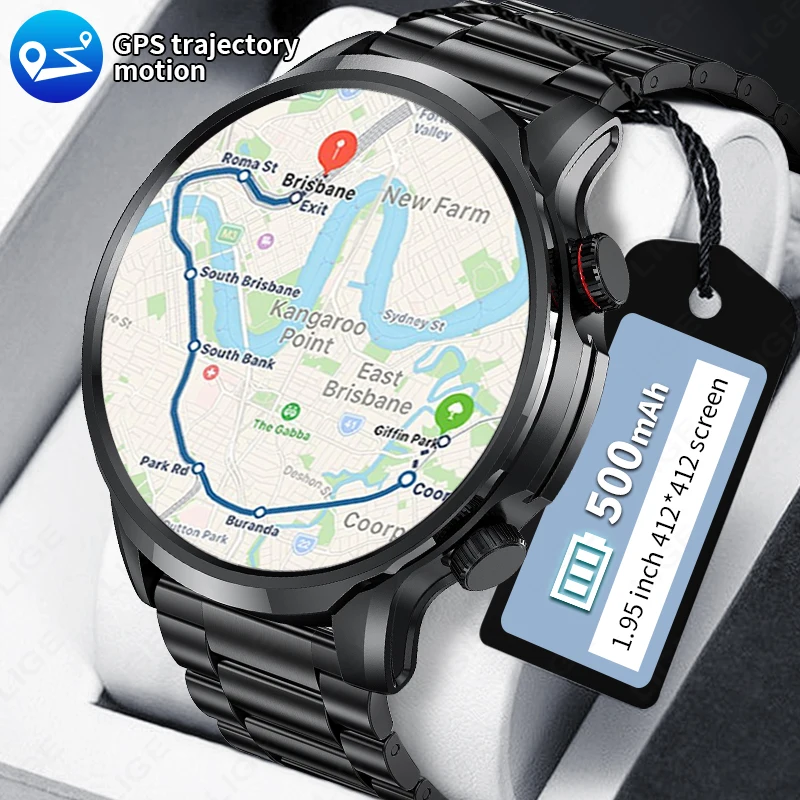 

LIGE New GPS Tracker Smart Watch 500mah Battery 1.95'' HD Screen Watches Bluetooth Call Waterproof Sports Fitness Smartwatch Men