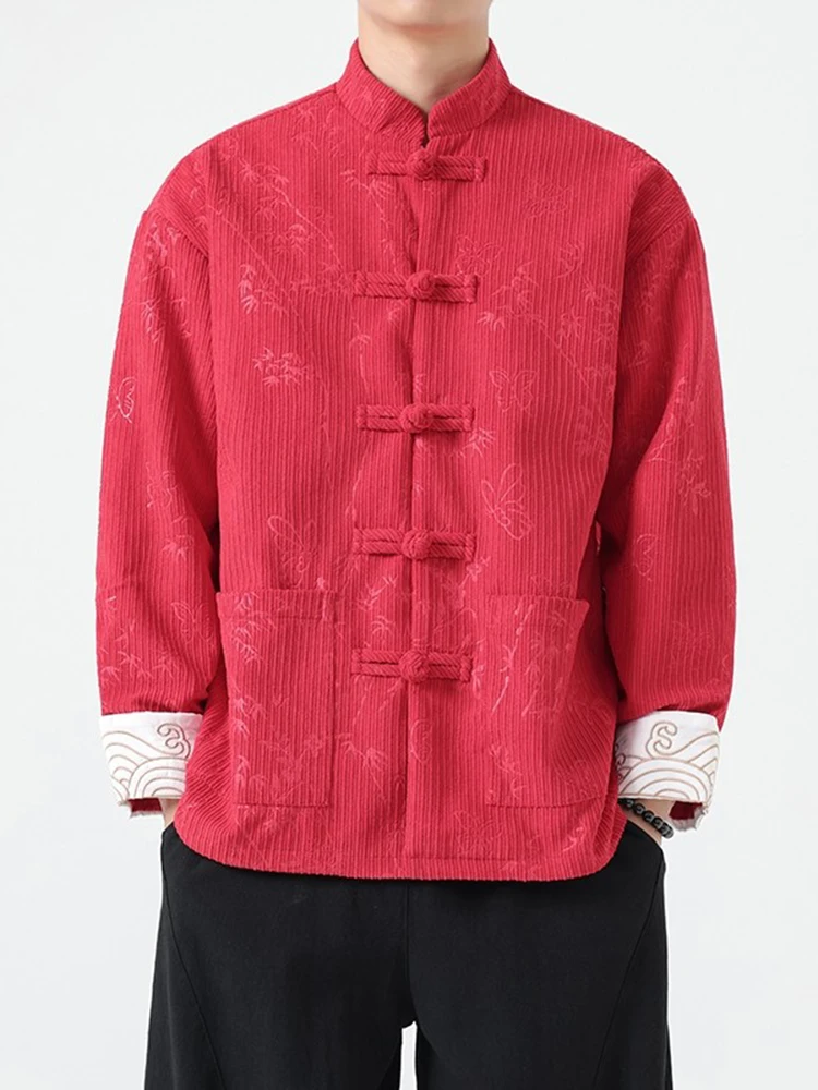 

Red Chinese Sle Men's Jaet Velvet Stand Collar New Year's Faion Regulated Hanfu Outerwear Long Sve Youth