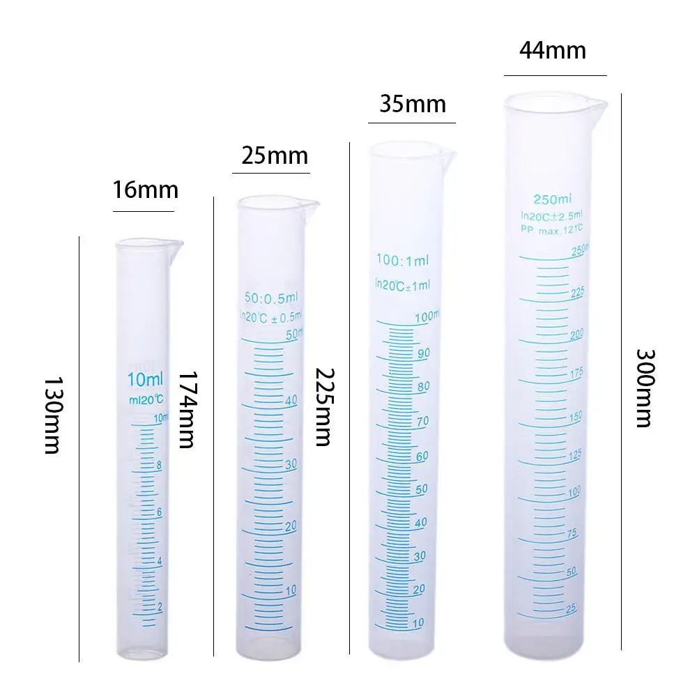 Escarts de mesure gradués transparents en plastique, tube gradué, 10 ml, 25 ml, 50 ml, 100 ml, 250 ml, 500ml