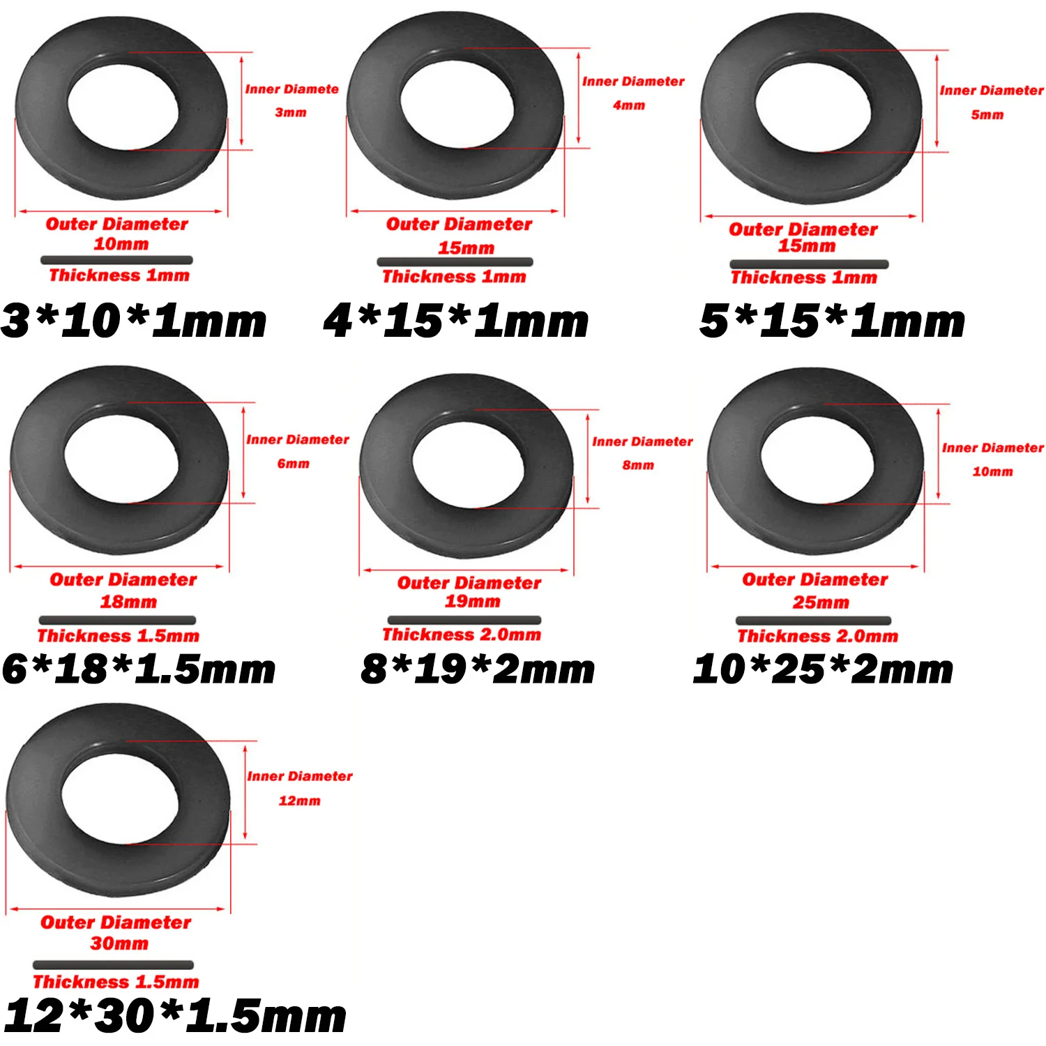 110Pcs/box Nylon Flat Washer Set with 7-size M3 M4 M5 M6 M8 M10 M12 Black Plastic Sealing Washers Assortment Kit Box