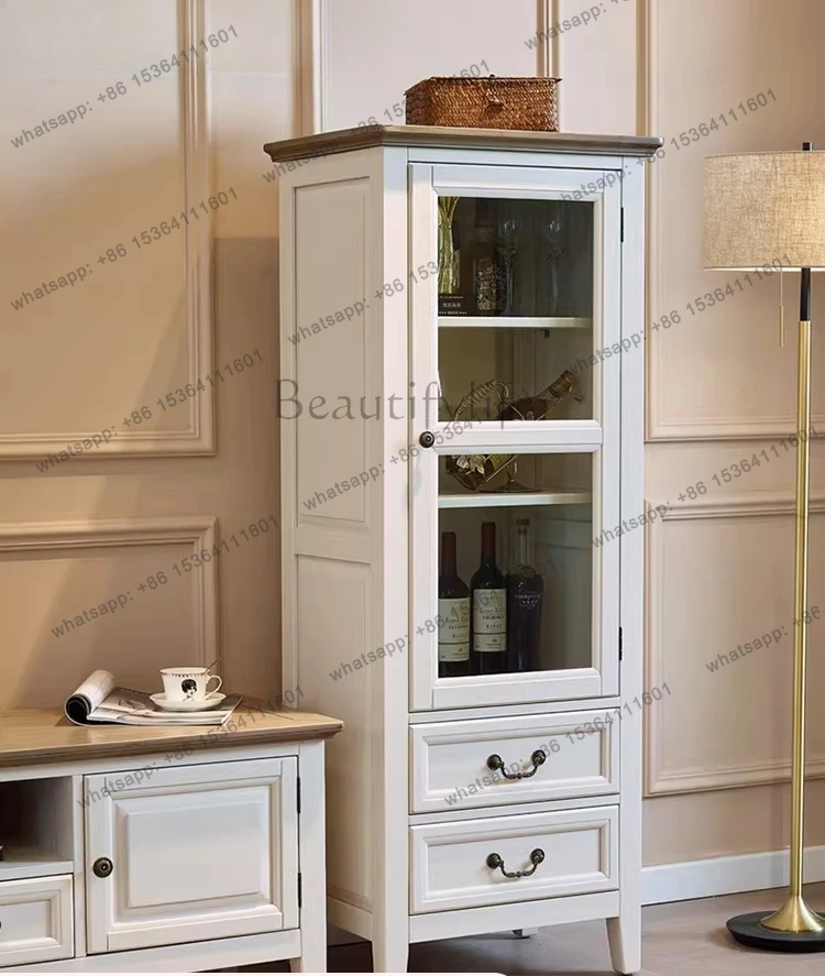 American Rural Mediterranean White All Solid Wood Single Door Glass Wine Cabinet Pastoral