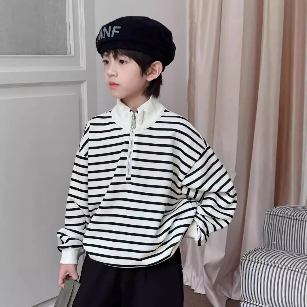 2024 Autumn New Children Striped Half Zipper Stand Up Neck Sweater Boys Korean Loose Simple Long Sleeve Top Fashion Casual