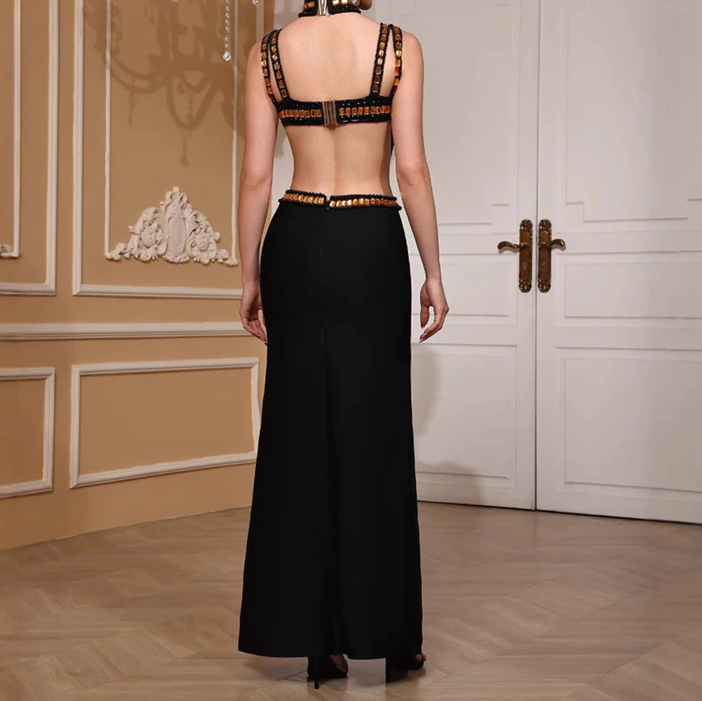 Sexy beaded black and gold bandage evening dress hollow strap backless cocktail dress-GZXX767