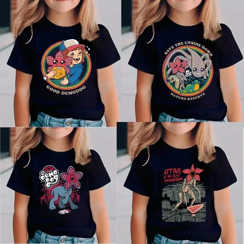 Kinder-T-Shirt im Stranger-Stil für Jungen und Mädchen, Retro-Cartoon-Druck, kurzärmeliges Oberteil, „Good Demodog“-Grafik-T-Shirt, Sommer-Baumwollkleidung – Detail 2