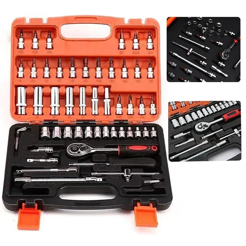 53PCs drive socket set 1/4 inch ratchet wrench set with sockets metric hex bit socket set mechanic tool kits for auto repair