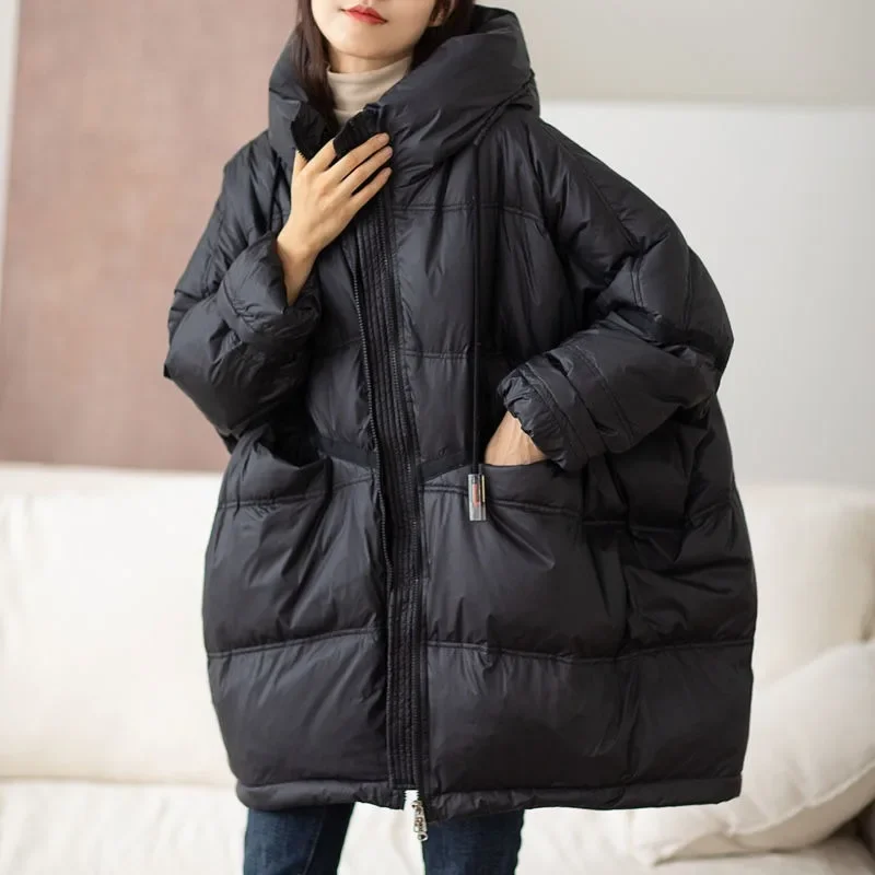 Down Jacket Women\'s New  White Duck Down Hooded Medium and Long High-quality Korean Version Loose Thickening Fattening Versatile