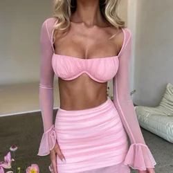 Conjunto de falda corta para mujer, Top plisado de manga acampanada de malla, cuello de una línea, espalda abierta, Sexy, Europa, América, Y2K, Primavera, nuevo, 2023