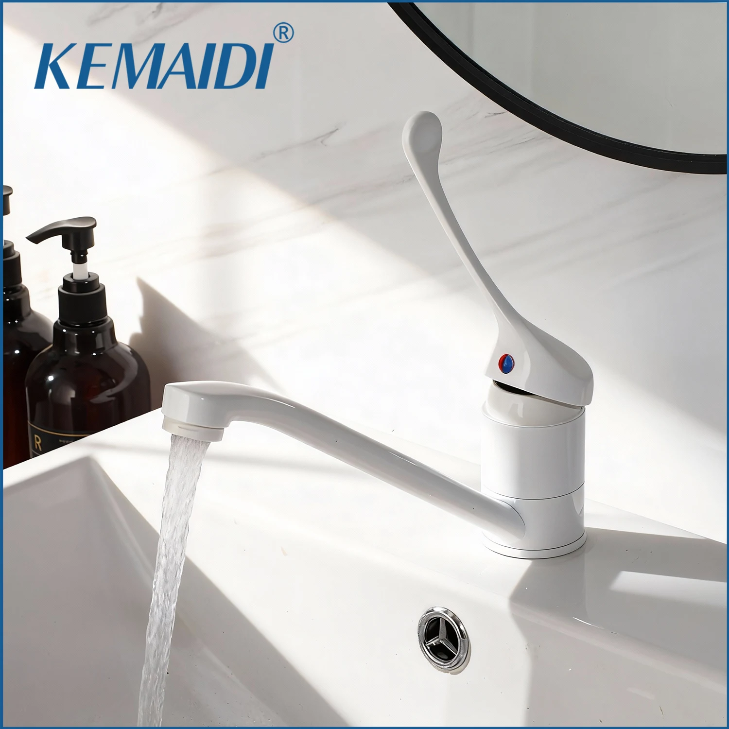 

KEMAIDI White Long Handle Bathroom Basin Faucet Medical & Home Use Single Lever Sink Faucets Mixer Tap with Extended Spout