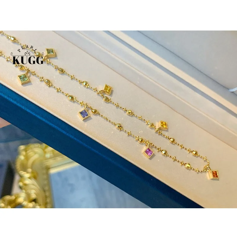 

KUGG 100% 18K Yellow Gold Necklace Natural Color Sapphire Necklace Romantic Rainbow Design High Engagement Jewelry for Women