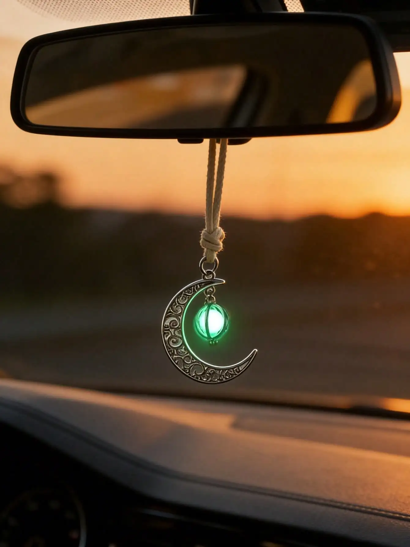 Adorno colgante de luna luminosa para coche, diseño de media luna hueca, con incrustaciones de piedra luminosa, elegante decoración para espejo retrovisor