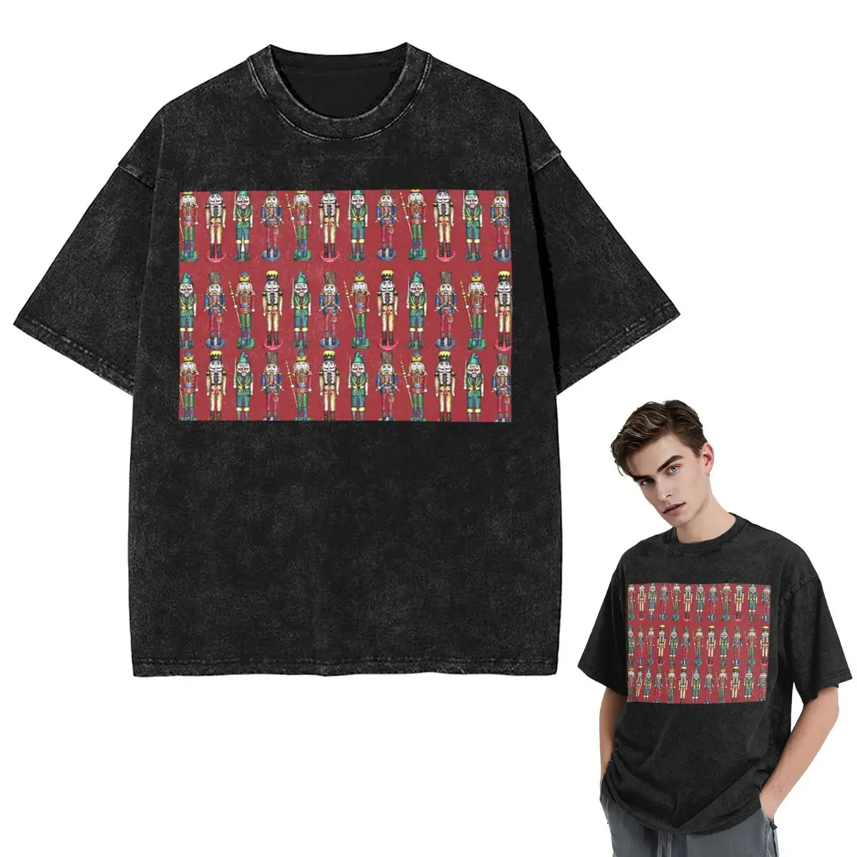 

Streetwear T-Shirts Christmas Nutcracker Washed T Shirt Short Sleeve Hip Hop T-Shirt Tops Tees for Men Women