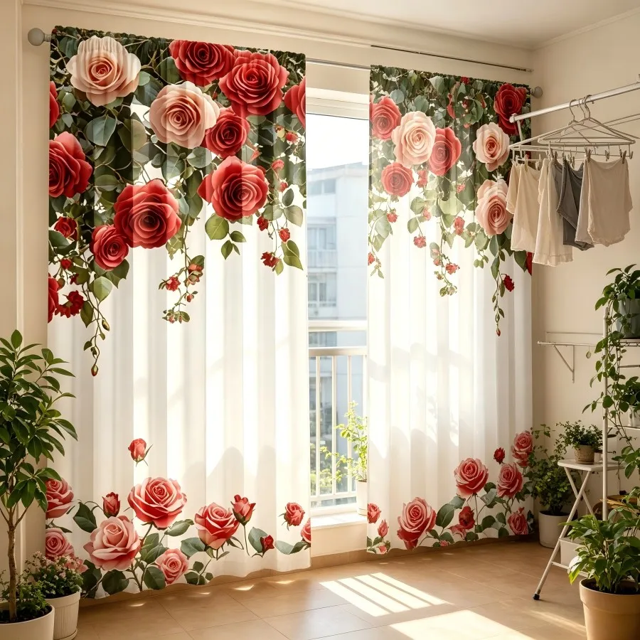 2 Stück Digital Bedruckte Vorhänge, Rote Rosen Blumenranken, Rustikale Landhaus-Fensterdekoration für Schlafzimmer Küche
