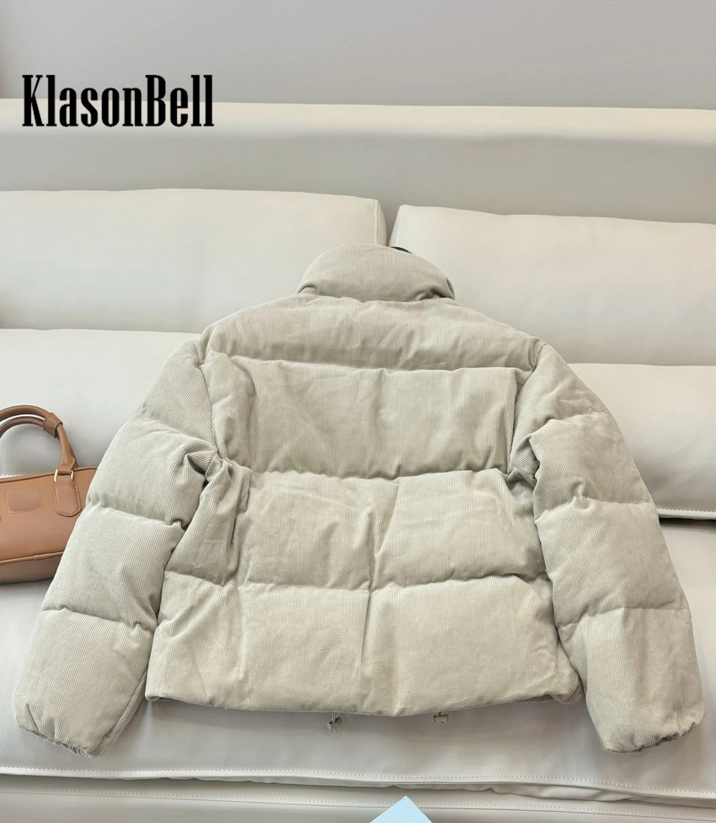 8.31 KlasonBell Women Corduroy Letter Embroidery Goose Down Jacket Keep Warm Stand Collar Zipper Loose Outerwear