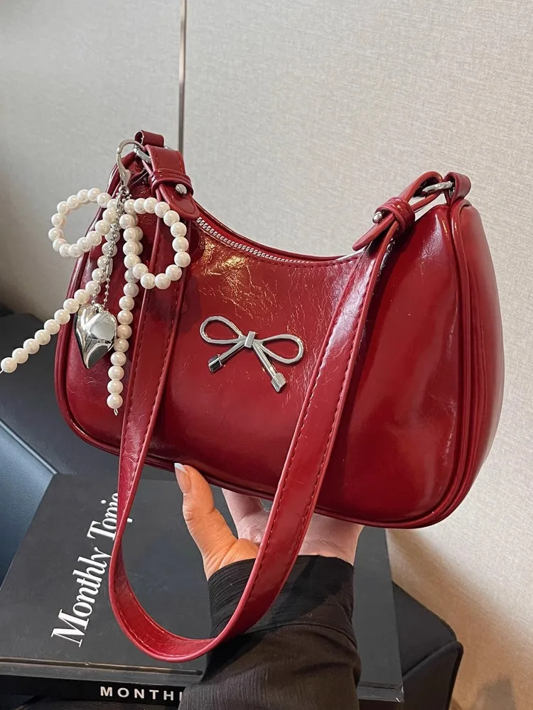 2026 Trendy Burgundy PU Leather Shoulder Bags Women's Exquisite Retro Bow Knot Zipper Messenger Bag Texture Fashion Lady Handbag