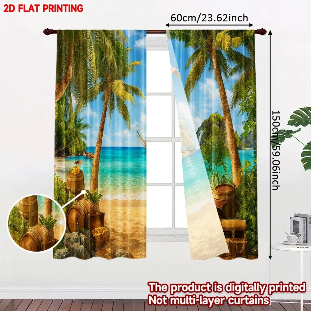2D flat printing 2pcs Window Curtains Treasure Island Adventure Digital Printed Polyester Drapes Party Decorations Perfect for