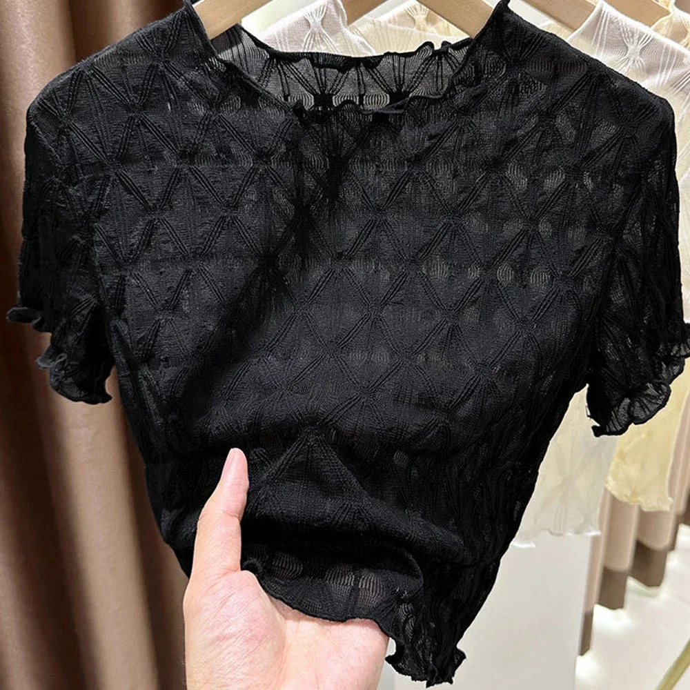 المرأة قصيرة الأكمام قصيرة البسيطة تي شيرت فتاة س الرقبة مطاطا متموجة حافة الإناث البلوزات أسود أبيض S-XL اقتصاص Ruched ملابس علوية