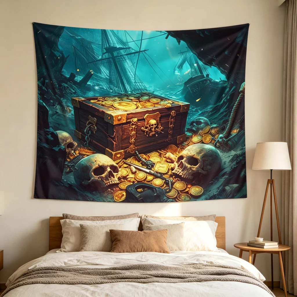 1PC Pirate Treasure Chest Print Backdrop Banner, Bedroom Photo Background, Polyester Wall Hanging, Home Decor, Wall Art