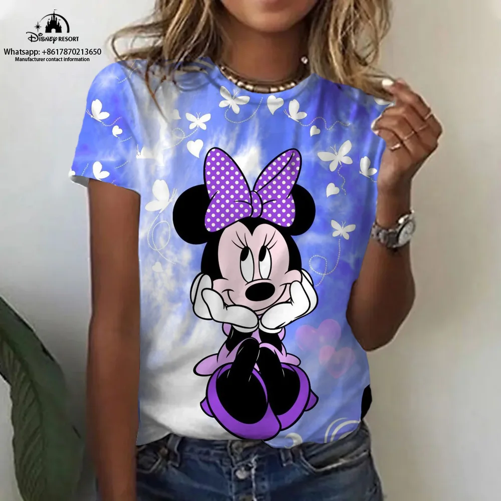 Camiseta estampada de manga curta feminina, roupas fofas, gráfico Mickey e Minnie, roupas de verão, tops fashion