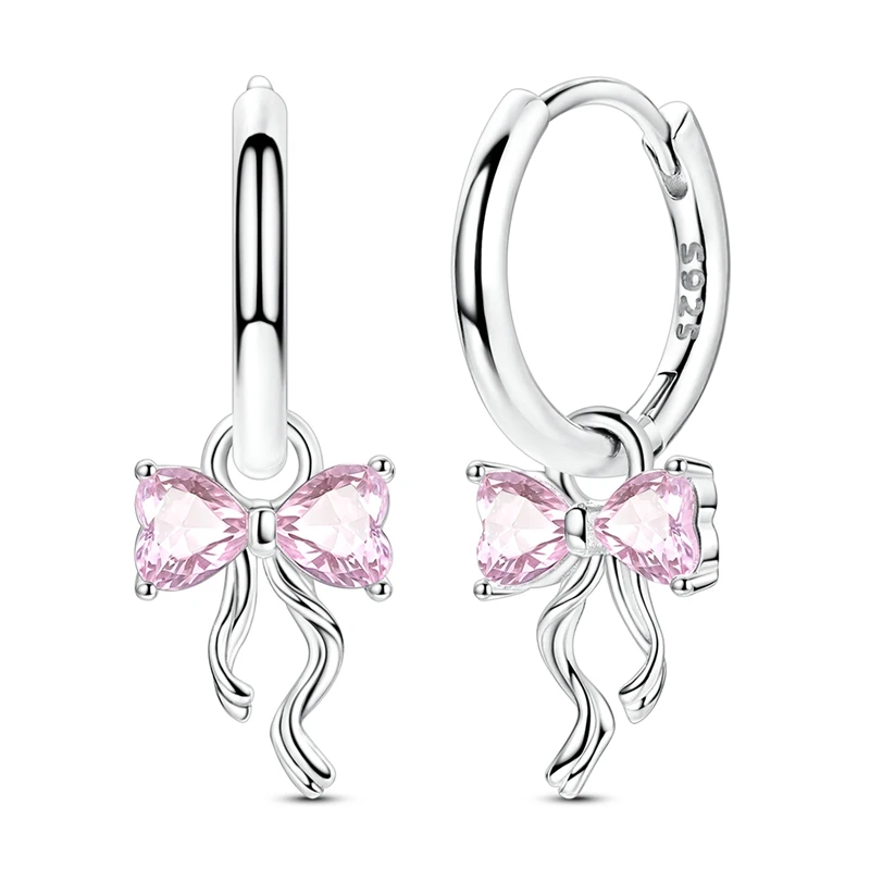 Fashion Charm 925 Sterling Silver Sparkling Pink Bow Row Hoop Earrings Fit Original Hoop Fine Jewelry Birthday Gifts  for Girls