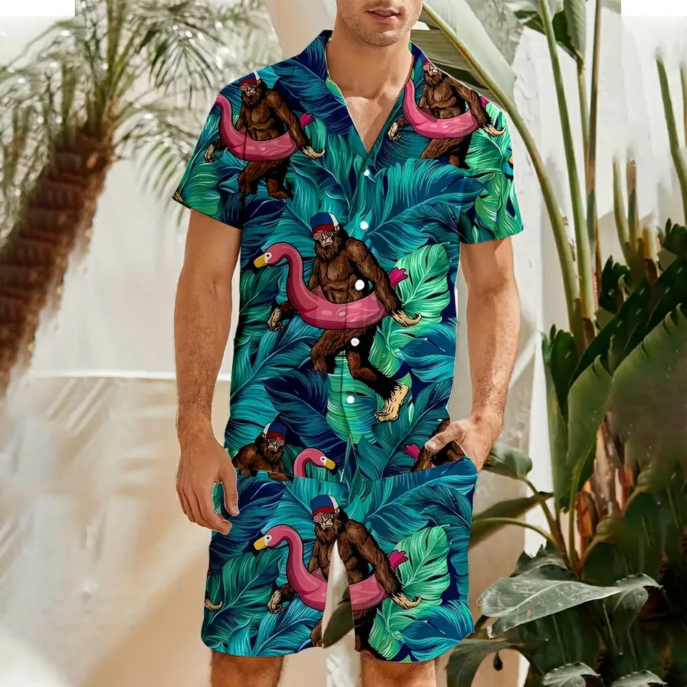 2 Piece/Set Lapel Short Sleeve Men's Sportswear Drawstring Funny Caveman Full Print Shirt Loose Shorts Sweatshirt Men's Hawaii ﻿