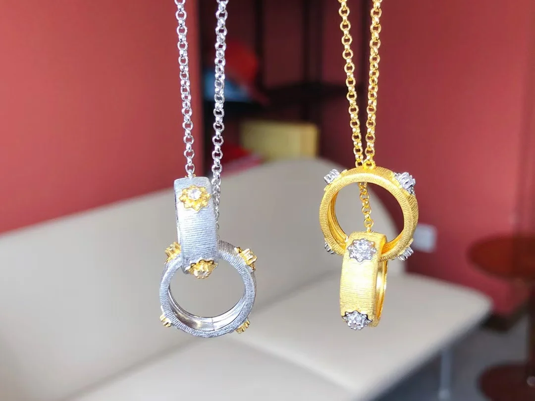 

Bucci Craft Luxury 925 Silver Brushed Double Ring Necklace Most Popular Telato Rigato Two Hoop Circle Pendant Chain Gold Jewelry
