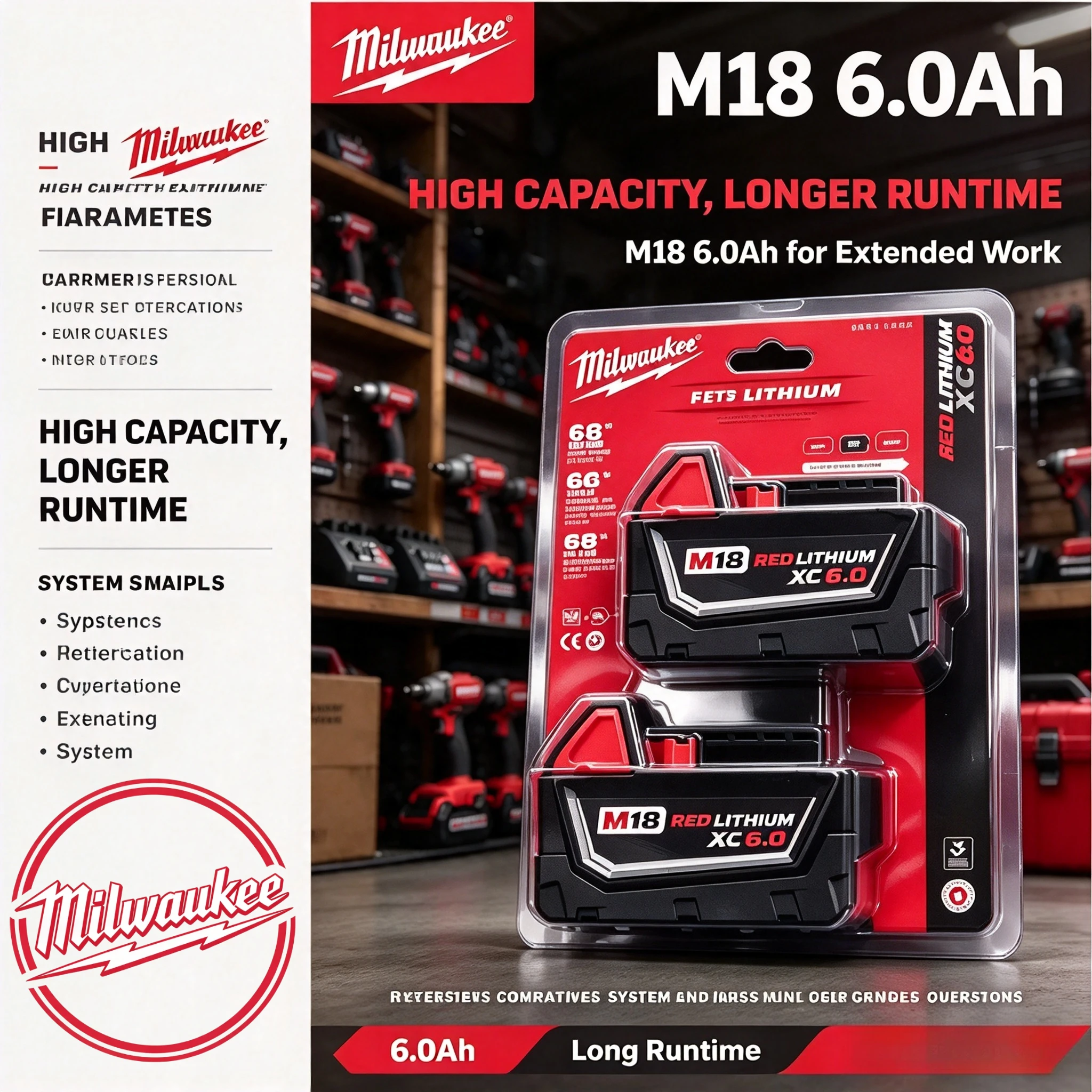 Original M18 Milwaukee 18V Lithium-ion Battery 6.0Ah M18HB6 M18HB5 48-11-1860 Cycle Stable For M18 Home Renovation Power Tools