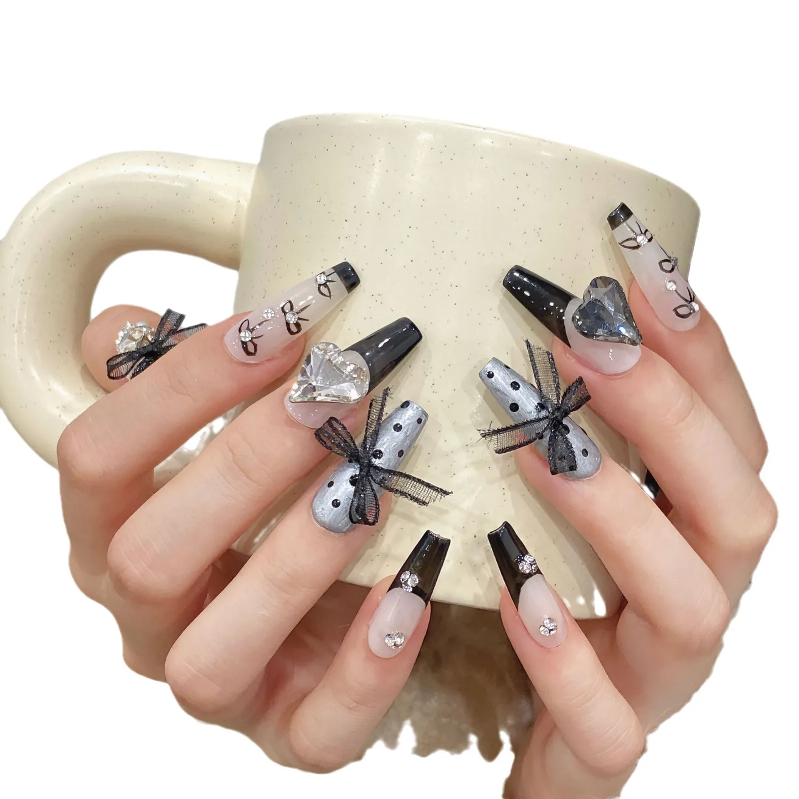 긴 발레리나 수제 가짜 손톱, 블랙 프렌치 프레스 네일, 나비매듭 디자인, 발레 웨어러블 가짜 손톱, 여성 및 소녀용