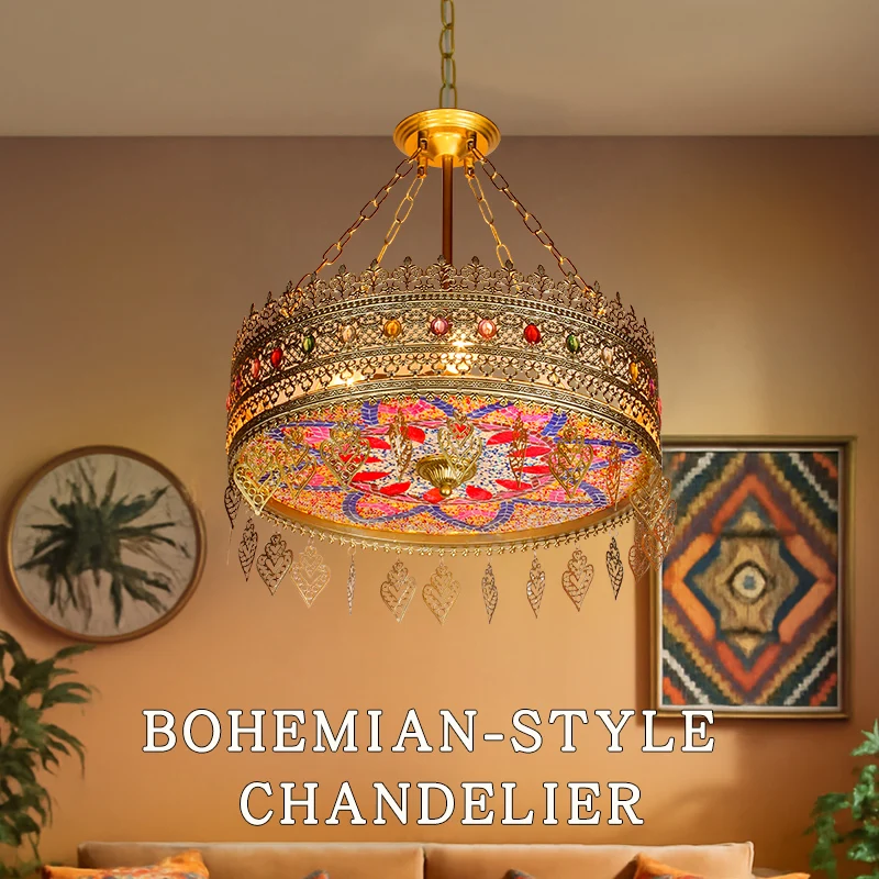 

Bohemian Hollow-out Iron Art Ceiling Chandelier Colorful Glass Pendant Light Living Room Kitchen Restaurant Bedroom Hanging Lamp